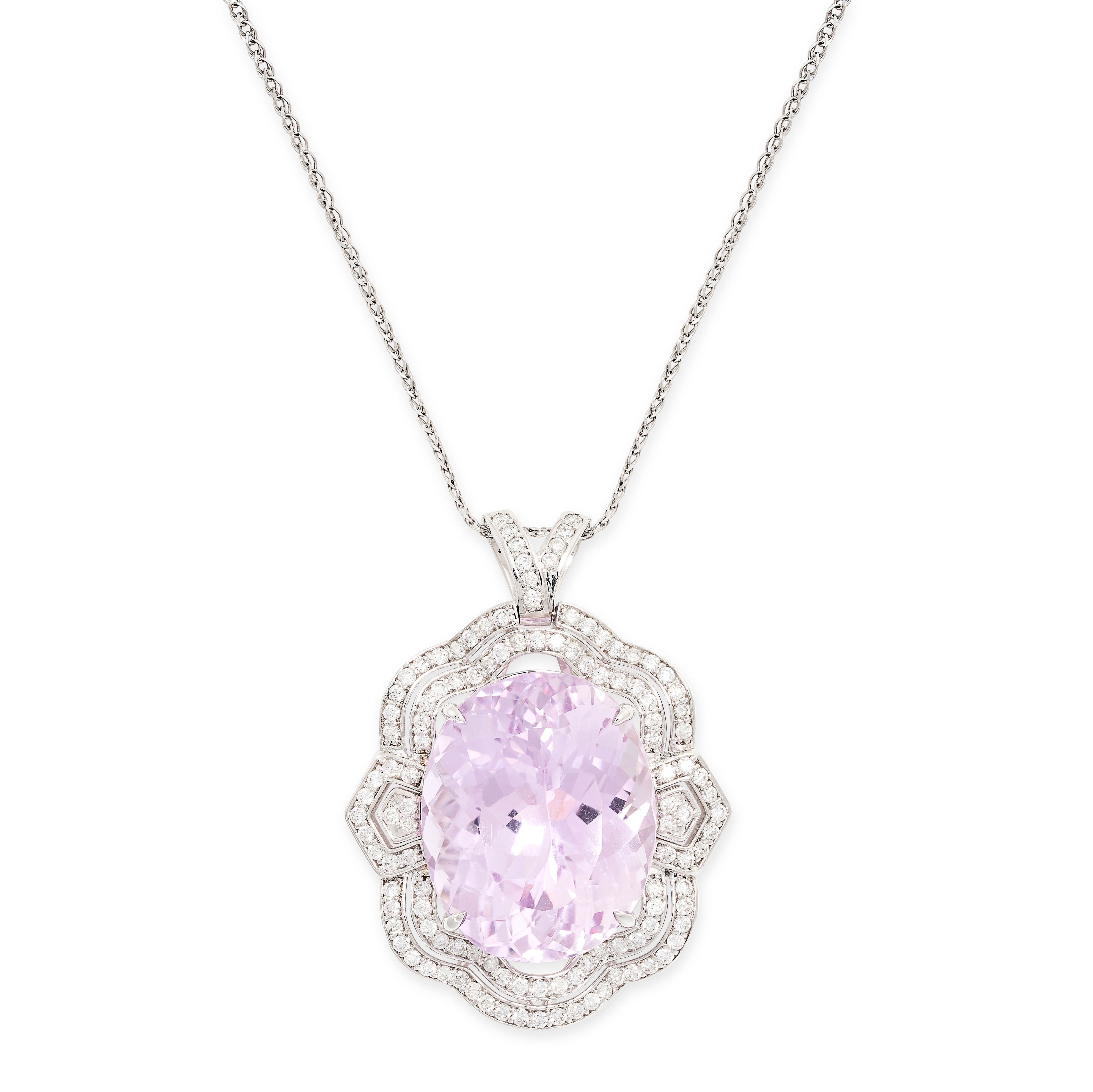 A KUNZITE AND DIAMOND PENDANT in 18ct white gold, set with an oval cut pink kunzite of 23.83