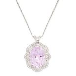 A KUNZITE AND DIAMOND PENDANT in 18ct white gold, set with an oval cut pink kunzite of 23.83