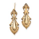 A PAIR OF ANTIQUE DROP EARRINGS with scrolling and foliate motifs, together with a further pair of