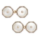 A PAIR OF ANTIQUE PEARL AND MOTHER OF PEARL CUFFLINKS in 9ct yellow and 18ct white gold, the