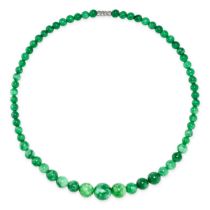 A GREEN GEMSTONE NECKLACE comprising a single row of green gemstone beads ranging from 6.8mm to 4.