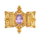AN ANTIQUE AMETHYST NECKLACE / BRACELET CLASP set with an oval cut amethyst in a beaded wirework