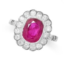 A RUBY AND DIAMOND CLUSTER RING set with a cushion cut ruby of 2.37 carats within a cluster of round