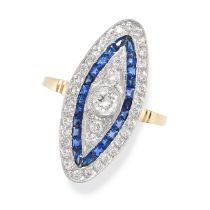 A SAPPHIRE AND DIAMOND RING the navette face set with round cut diamonds accented by step cut