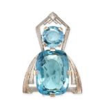 AN AQUAMARINE BROOCH, CIRCA 1940 in platinum, in geometric design, set with a cushion cut aquamarine