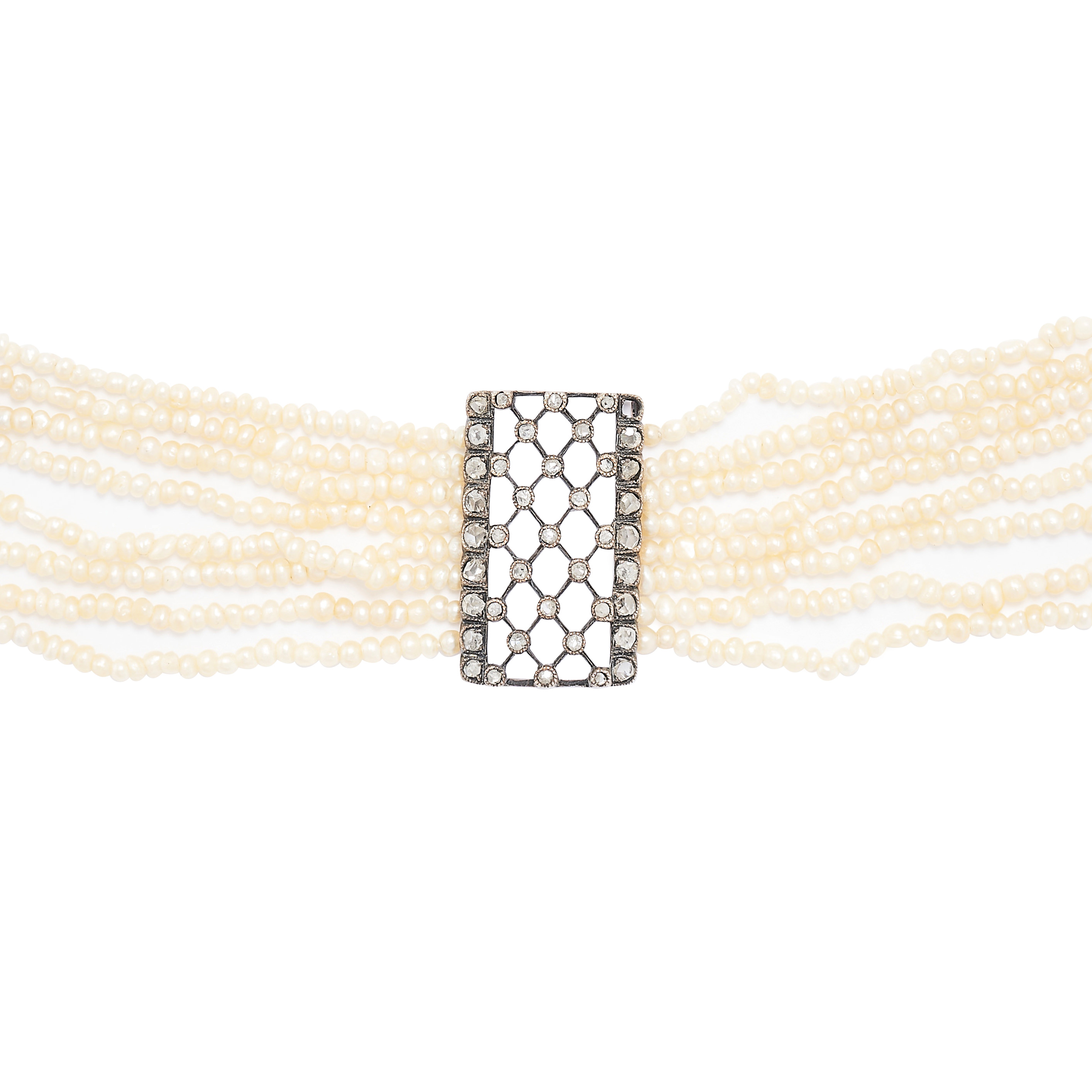 A PEARL AND DIAMOND CHOKER NECKLACE in yellow gold, comprising eight rows of seed pearls, the - Image 2 of 2