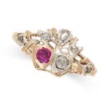 AN ANTIQUE RUBY AND DIAMOND SWEETHEART RING, 19TH CENTURY in yellow gold and silver, set with a