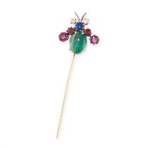 A GEM SET AND DIAMOND TIE / STICK PIN BROOCH designed as a bee, its abdomen set with a cabochon