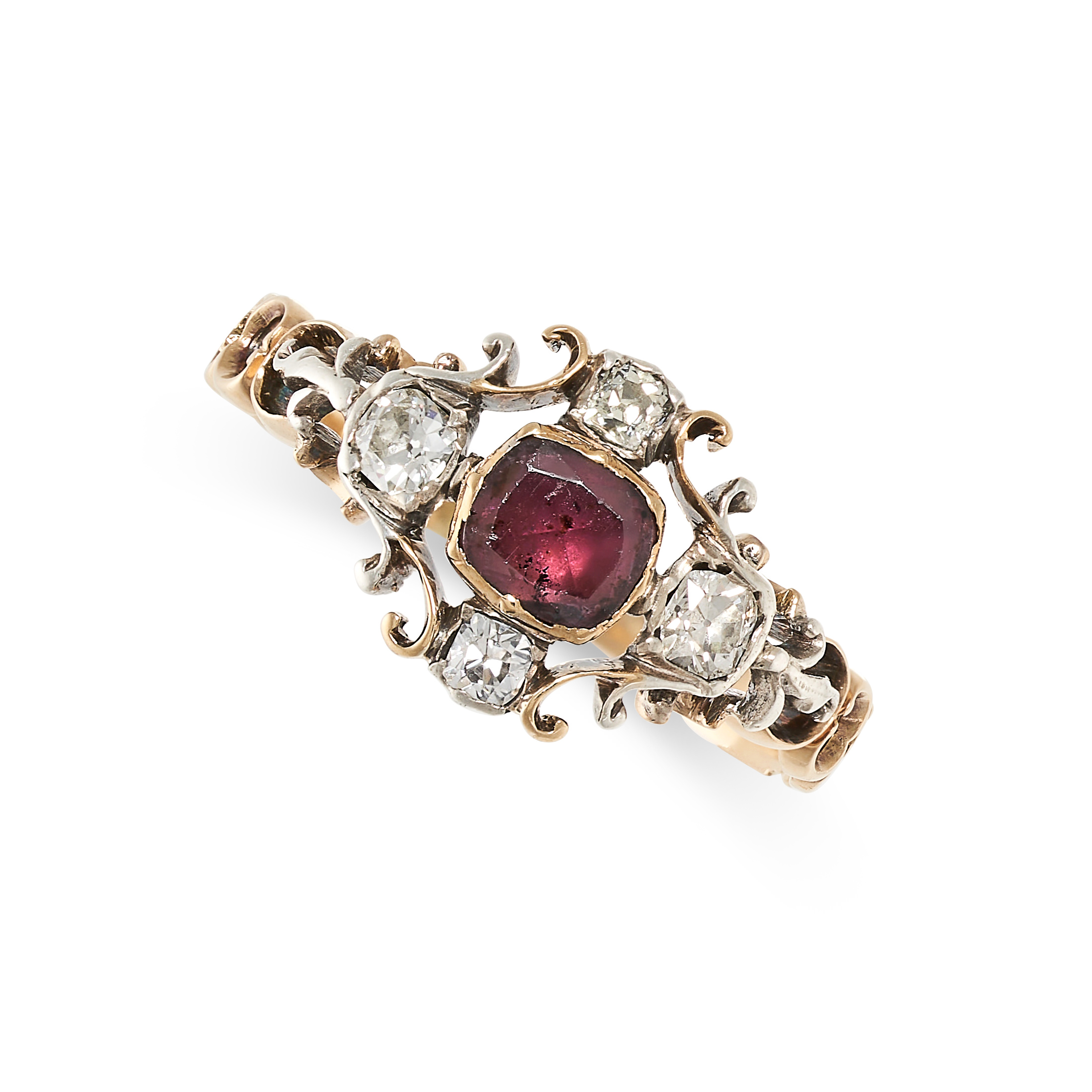 AN ANTIQUE GEORGIAN GARNET AND DIAMOND in yellow gold and silver, set with a step cut garnet