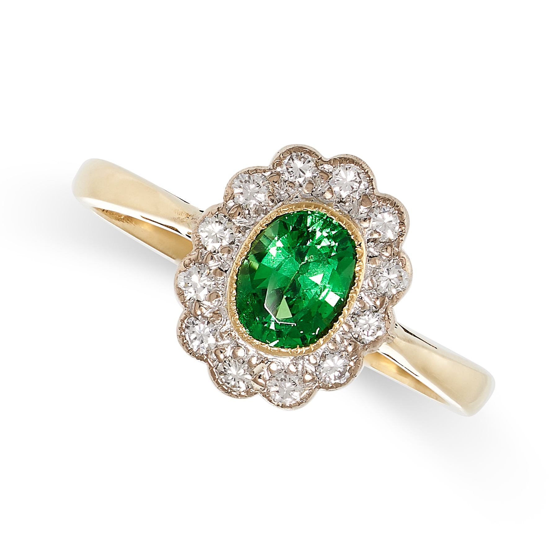 A DEMANTOID GARNET AND DIAMOND CLUSTER RING in 18ct yellow gold, set with a oval cut demantoid