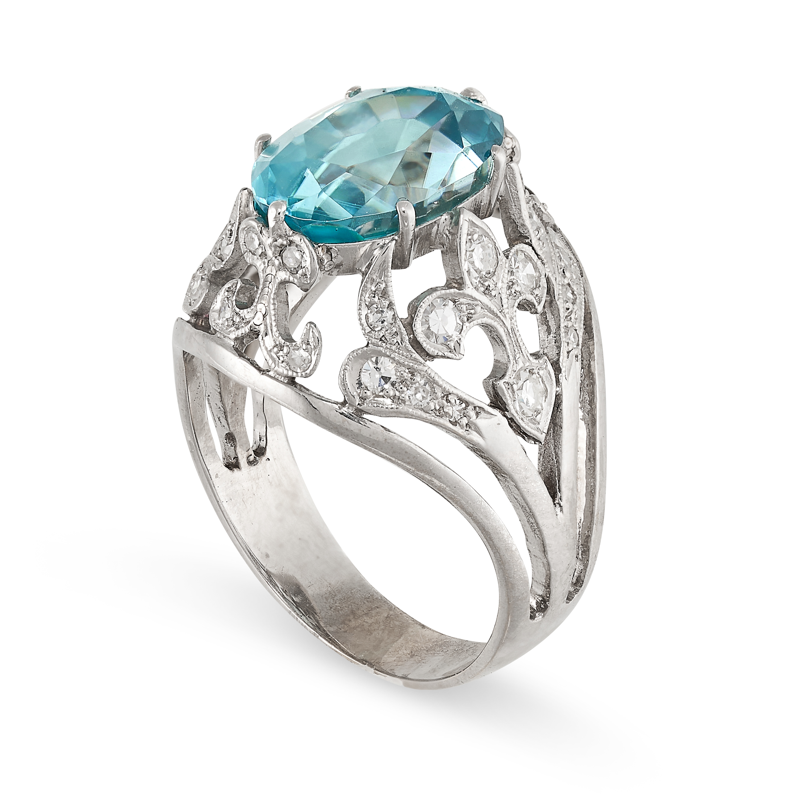 A BLUE ZIRCON AND DIAMOND DRESS RING set with a cushion cut blue zircon of 5.76 carats, accented - Image 2 of 2