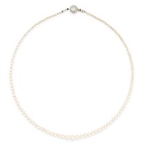A PEARL AND DIAMOND NECKLACE comprising a single row of graduated pearls, the clasp set with a pearl