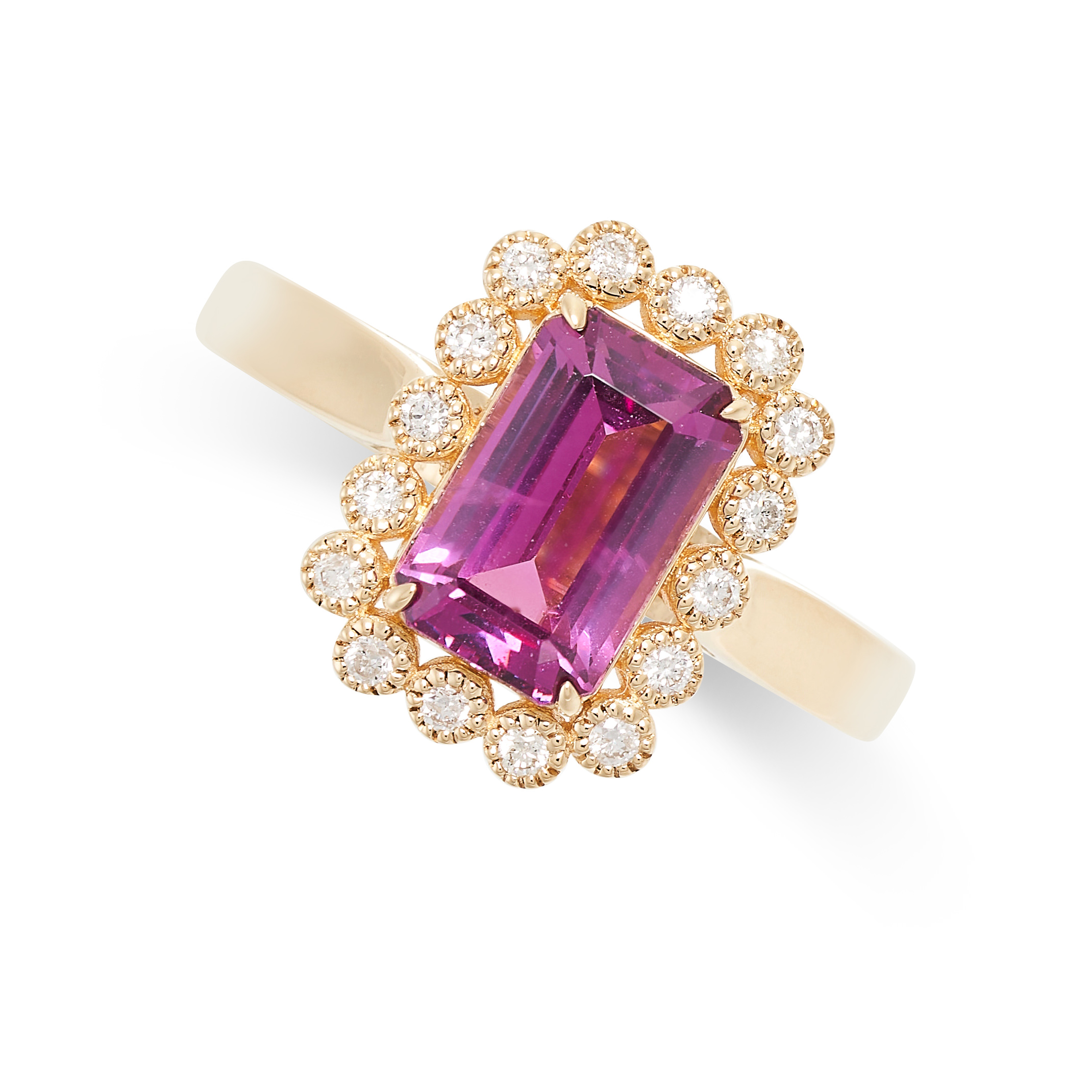 A GARNET AND DIAMOND RING in 18ct gold, set with an emerald cut garnet of 1.80 carats in a border of