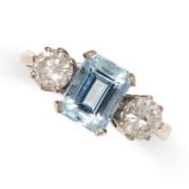 AN AQUAMARINE AND DIAMOND RING in 18ct gold, set with an emerald cut aquamarine of 1.69 carats