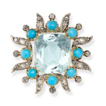 AN AQUAMARINE, TURQUOISE AND DIAMOND BROOCH set with an octagonal cut aquamarine of 7.84 carats in a