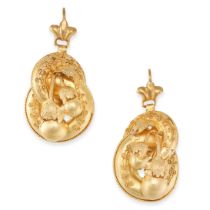 A PAIR OF ANTIQUE DROP EARRINGS in yellow gold, in Etruscan revival design, comprising two decorated