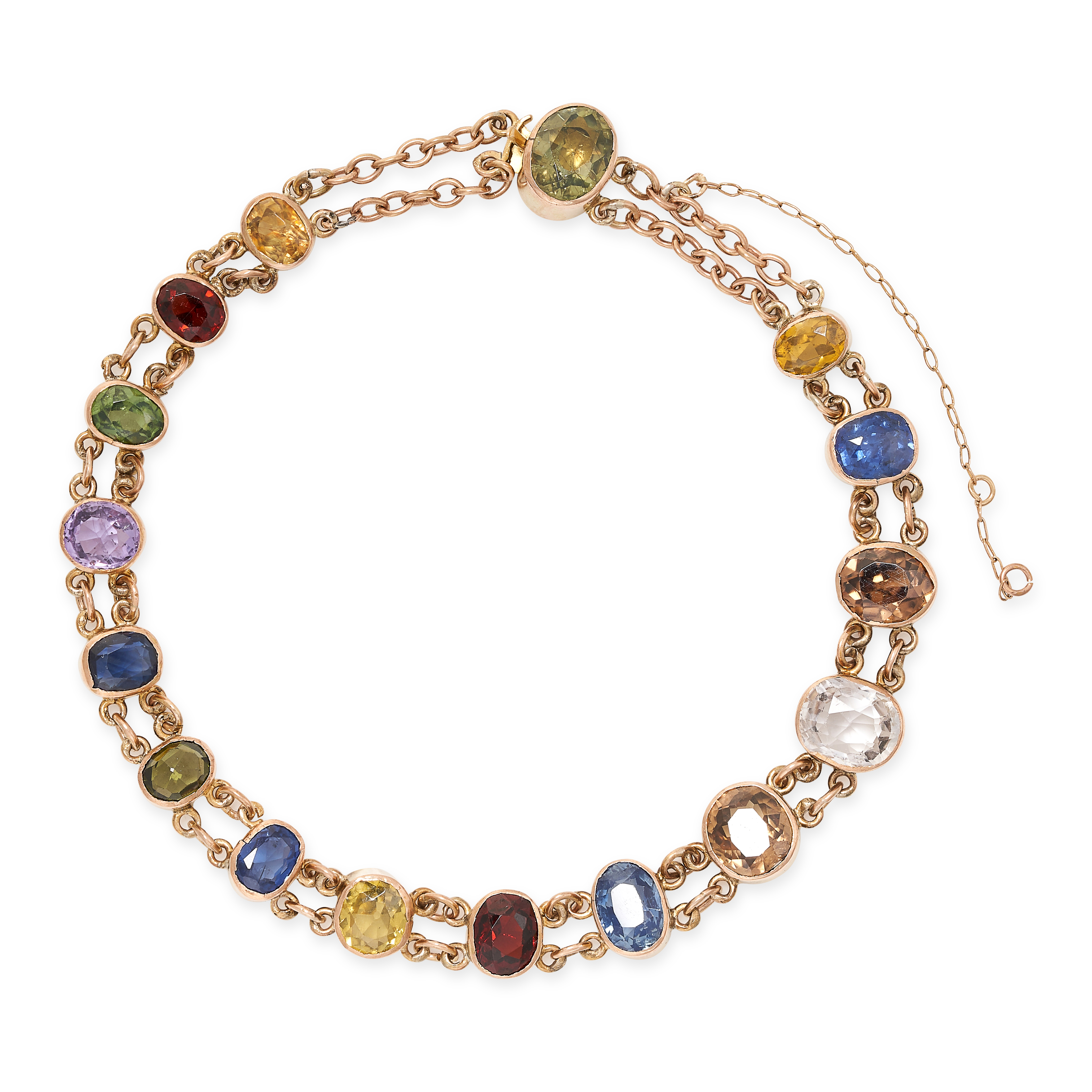 AN ANTIQUE SAPPHIRE AND ZIRCON BRACELET in yellow gold, set with a row of sixteen graduated