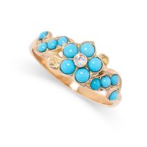 AN ANTIQUE TURQUOISE AND DIAMOND RING in yellow gold, set with a central cluster of an old cut