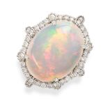 AN OPAL AND DIAMOND CLUSTER RING in 18ct white gold, set with a cabochon opal of 9.50 carats in a