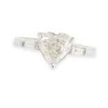 A DIAMOND ENGAGEMENT RING in platinum, set with a central heart cut diamond of 1.60 carats, the