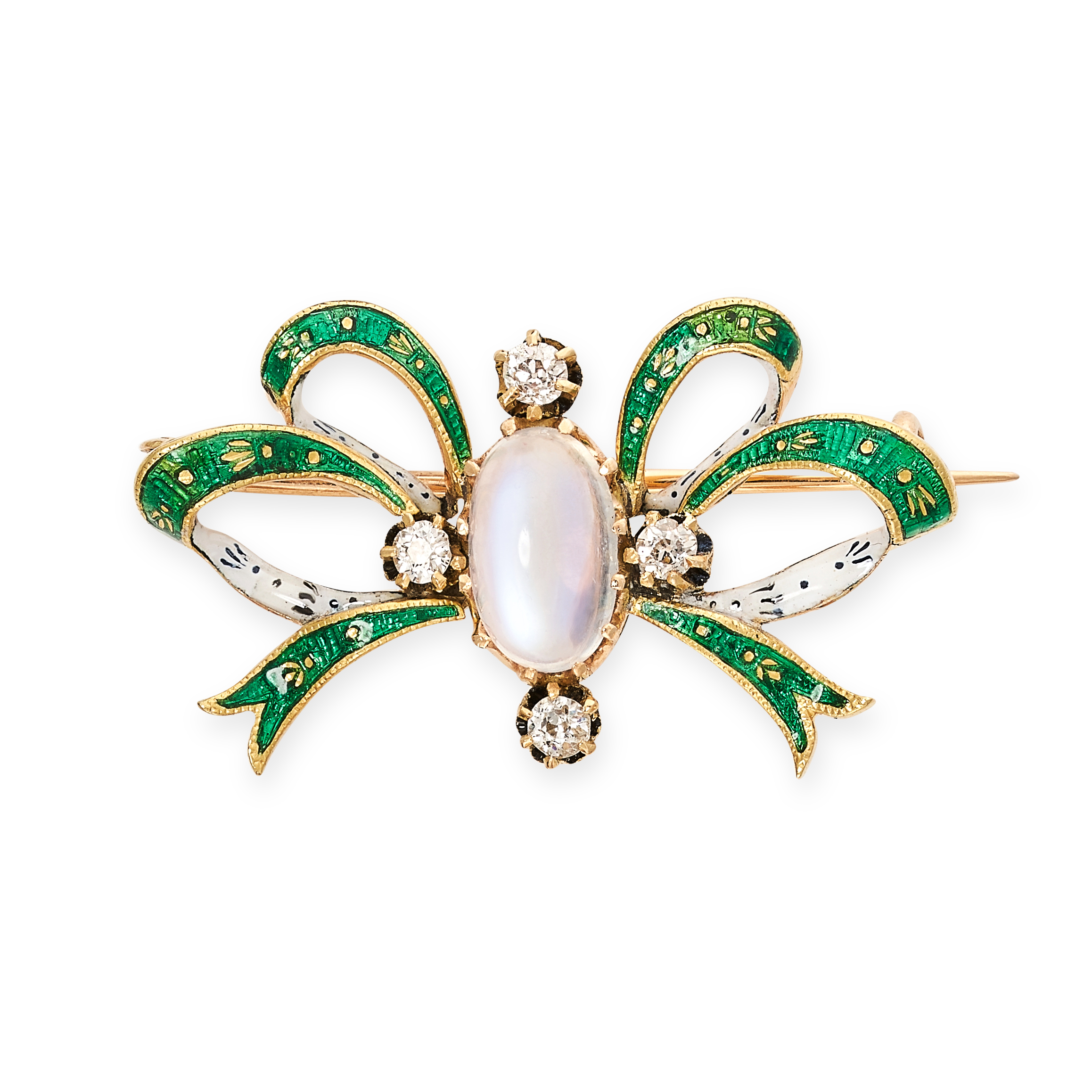 AN ANTIQUE ENAMEL, MOONSTONE AND DIAMOND BOW BROOCH, LATE 19TH CENTURY in yellow gold, designed as a