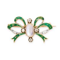 AN ANTIQUE ENAMEL, MOONSTONE AND DIAMOND BOW BROOCH, LATE 19TH CENTURY in yellow gold, designed as a