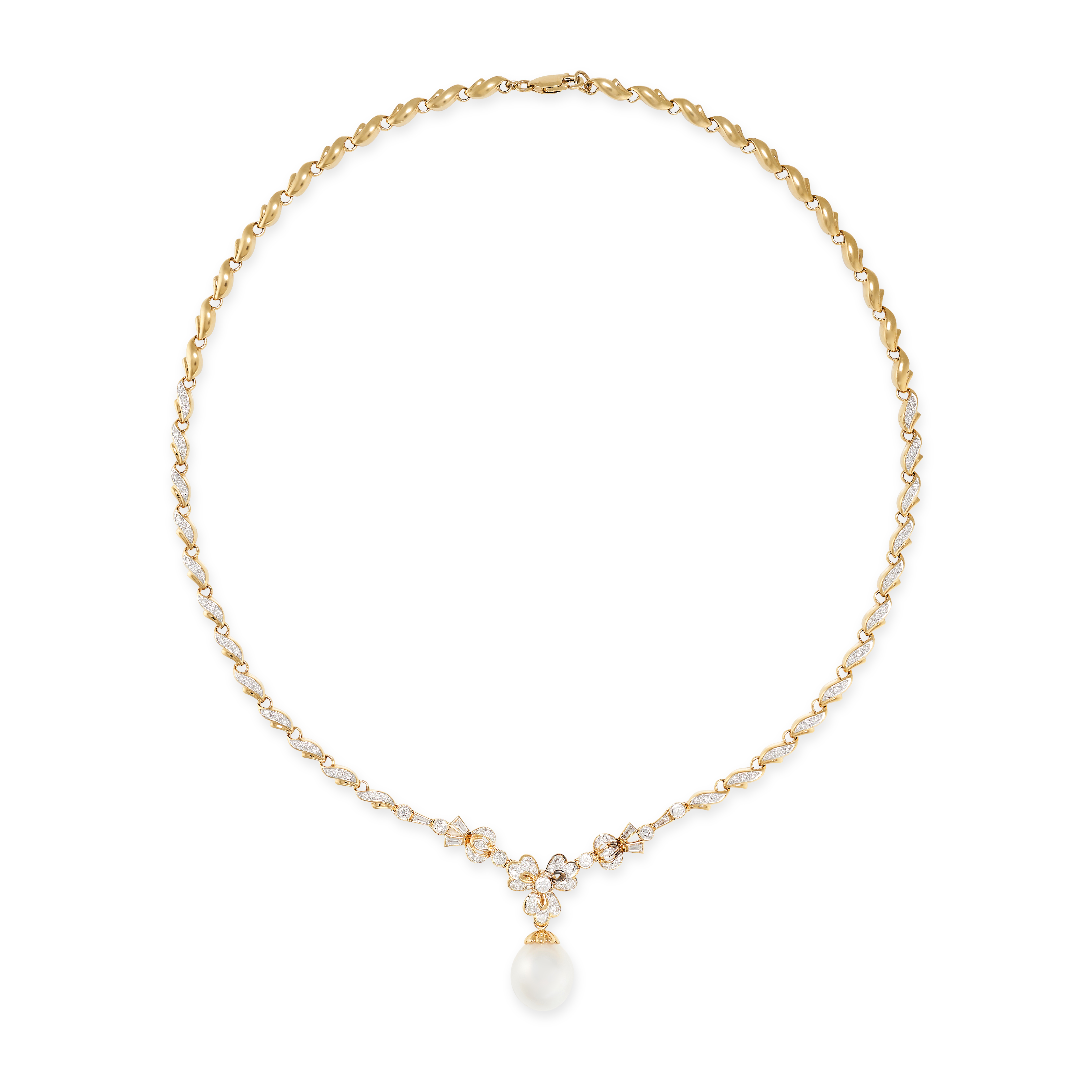 A DIAMOND AND PEARL NECKLACE in 18ct yellow gold, set with a pearl drop suspended from a ribbon