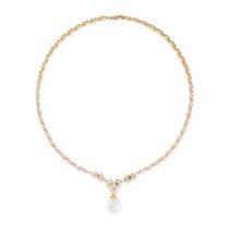 A DIAMOND AND PEARL NECKLACE in 18ct yellow gold, set with a pearl drop suspended from a ribbon
