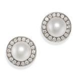 A PAIR OF DIAMOND AND PEARL CLUSTER EARRINGS each set with a pearl of 11.4mm, in a border of round