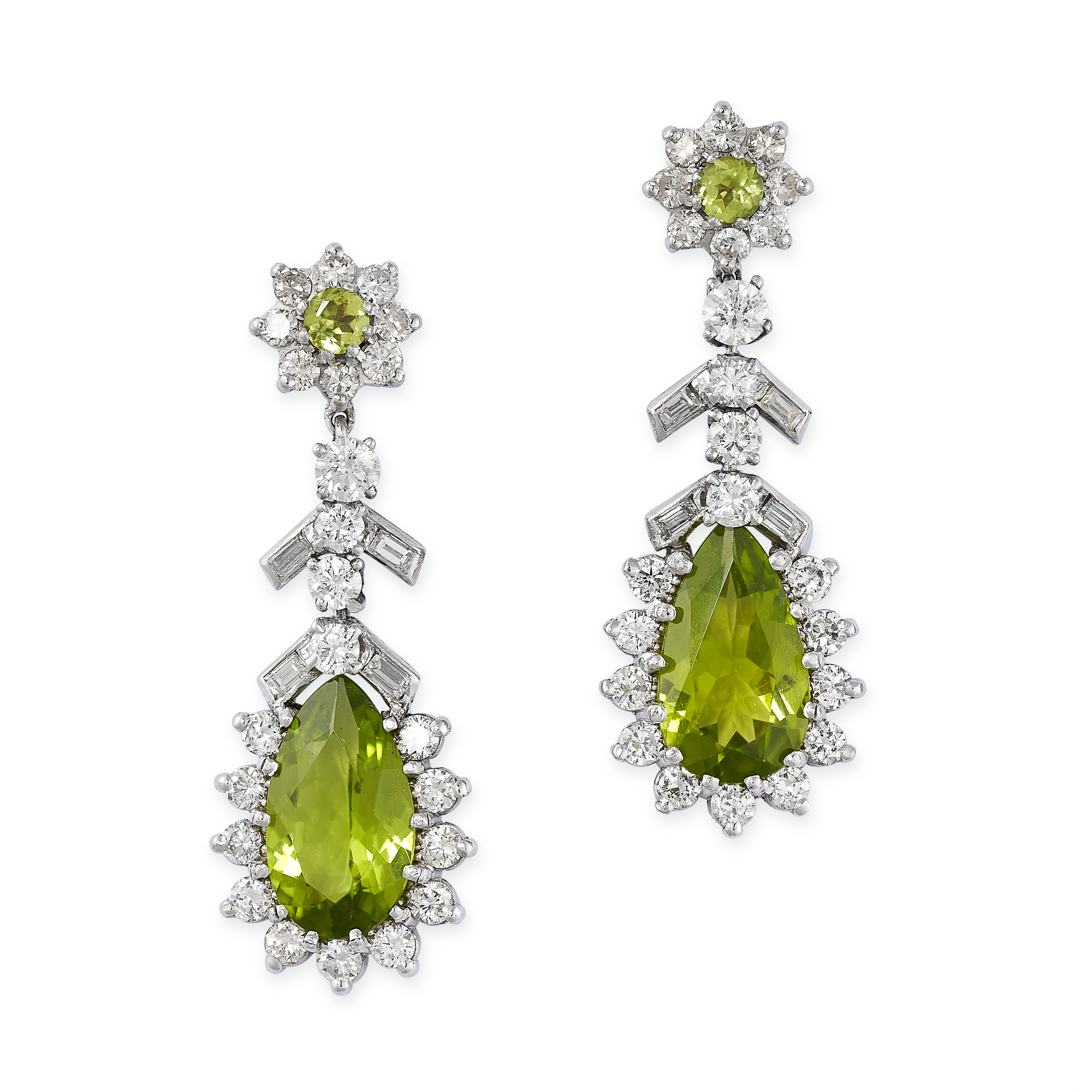 A PAIR OF PERIDOT AND DIAMOND EARRINGS in 18ct white gold, each set with a pear cut peridot