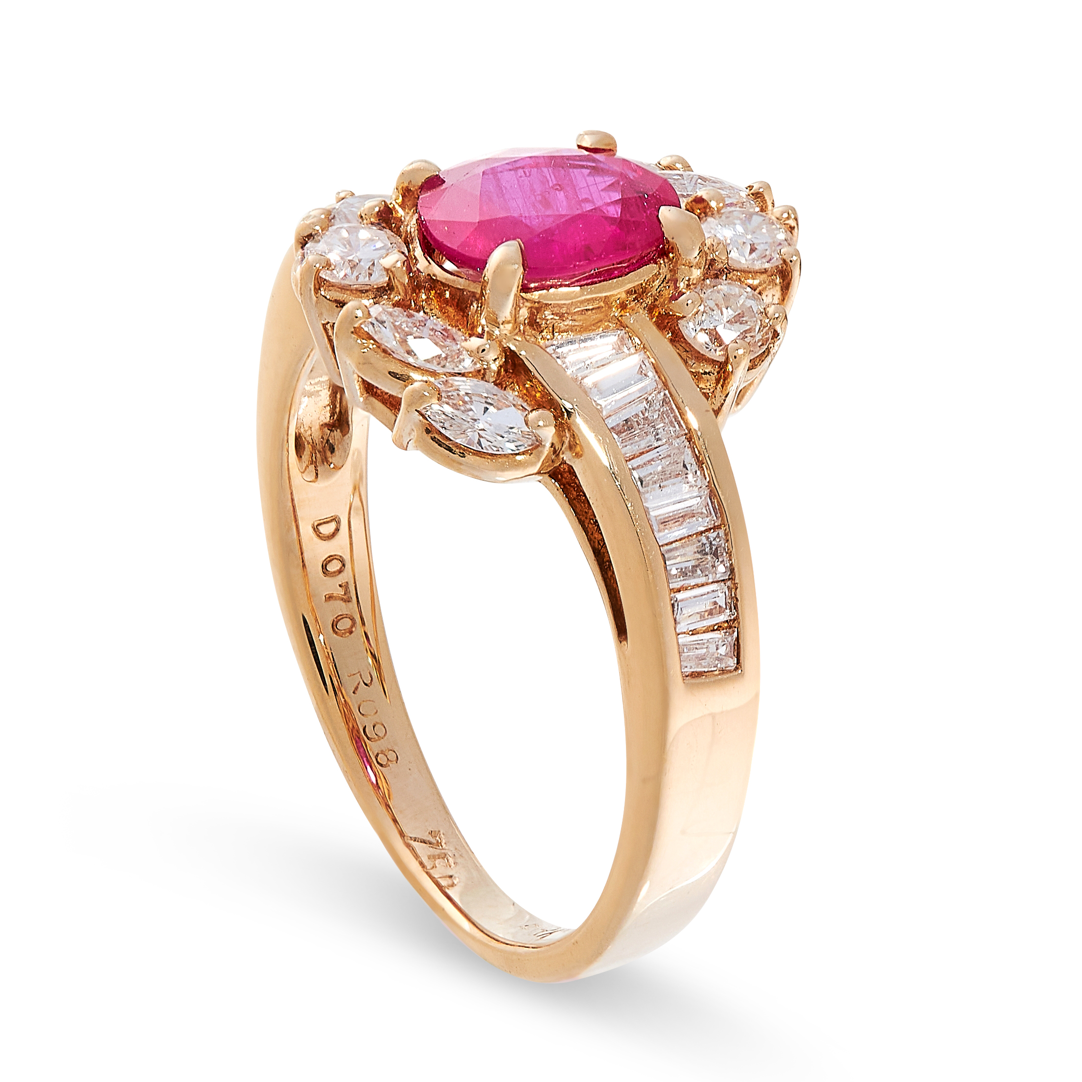 A RUBY AND DIAMOND RING in 18ct yellow gold, set with an oval ruby of 0.98 carats, within a border - Image 2 of 2