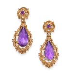 A PAIR OF AMETHYST DROP EARRINGS in 9ct yellow gold  set with pear shape amethysts totalling 2.1-2.2