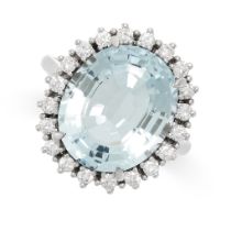 AN AQUAMARINE AND DIAMOND DRESS RING set with an oval cut aquamarine of 6.80 carats, within a border