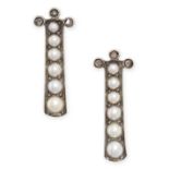 A PAIR OF ANTIQUE PEARL AND DIAMOND EARRINGS in yellow gold and silver, set with a graduated row