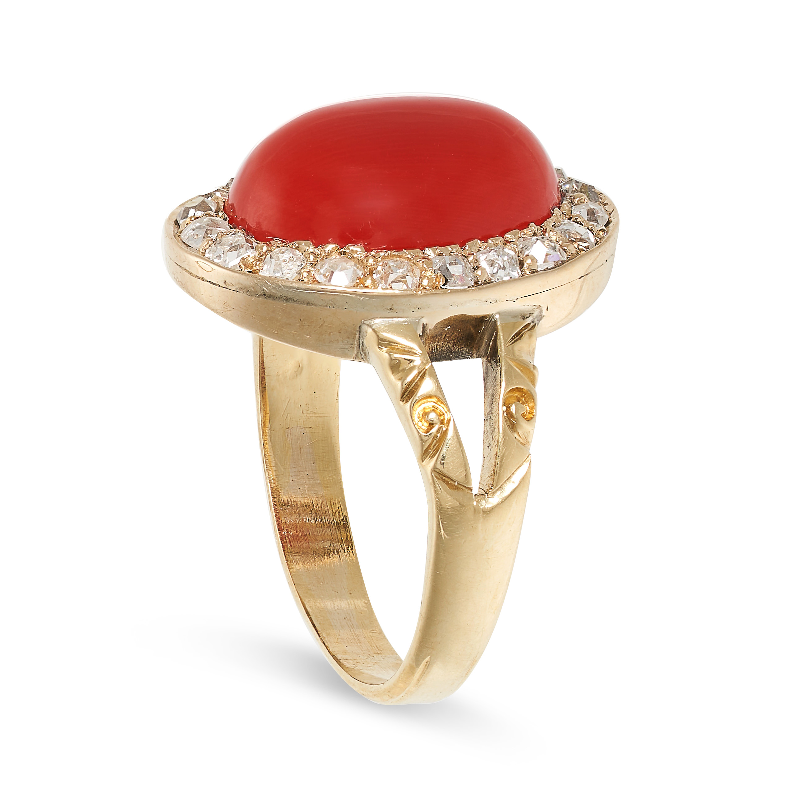 A DIAMOND AND CORAL RING in yellow gold, set with a polished oval piece of coral in a border of - Image 2 of 2
