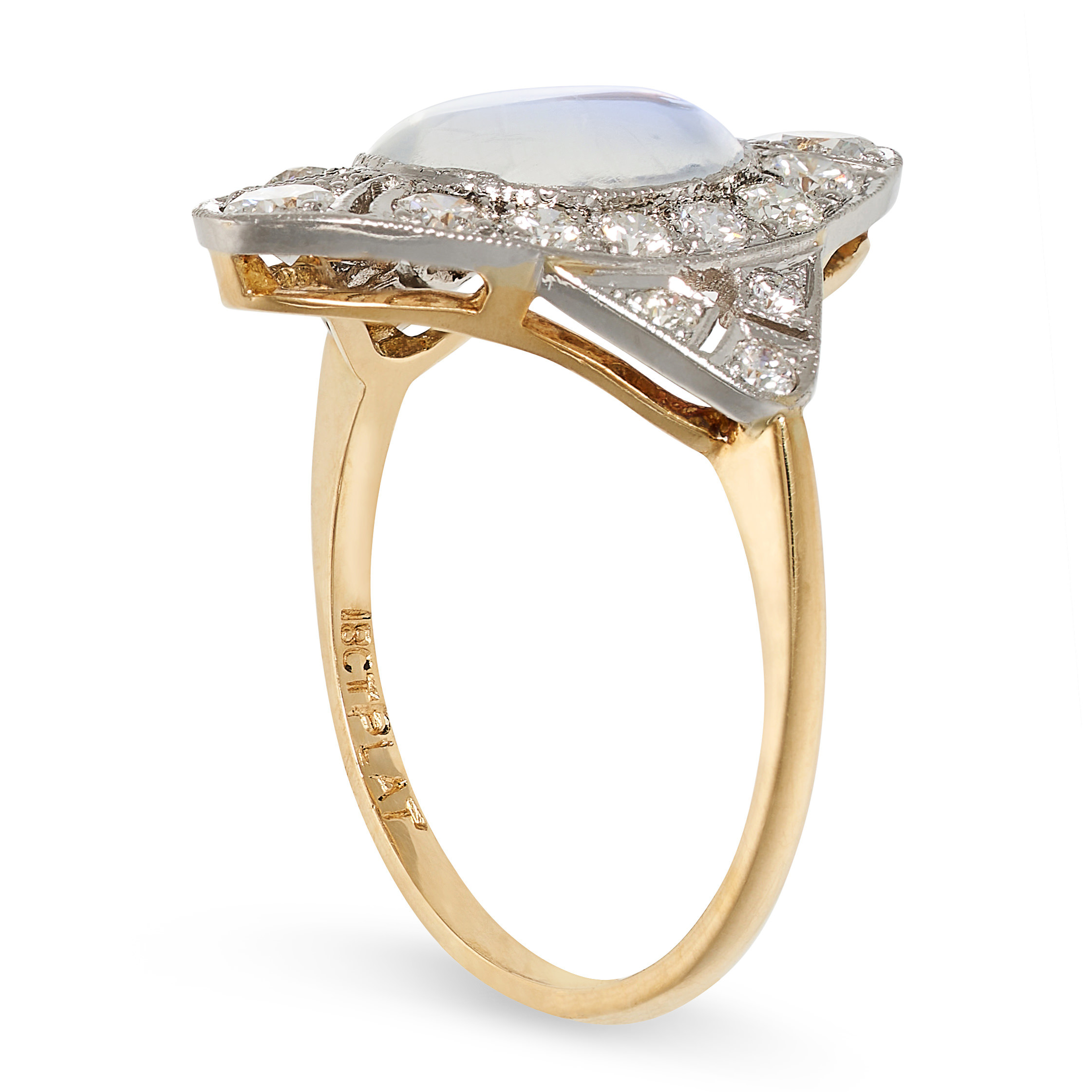 A MOONSTONE AND DIAMOND DRESS RING in 18ct yellow gold and platinum, the navette shaped face set - Image 2 of 2