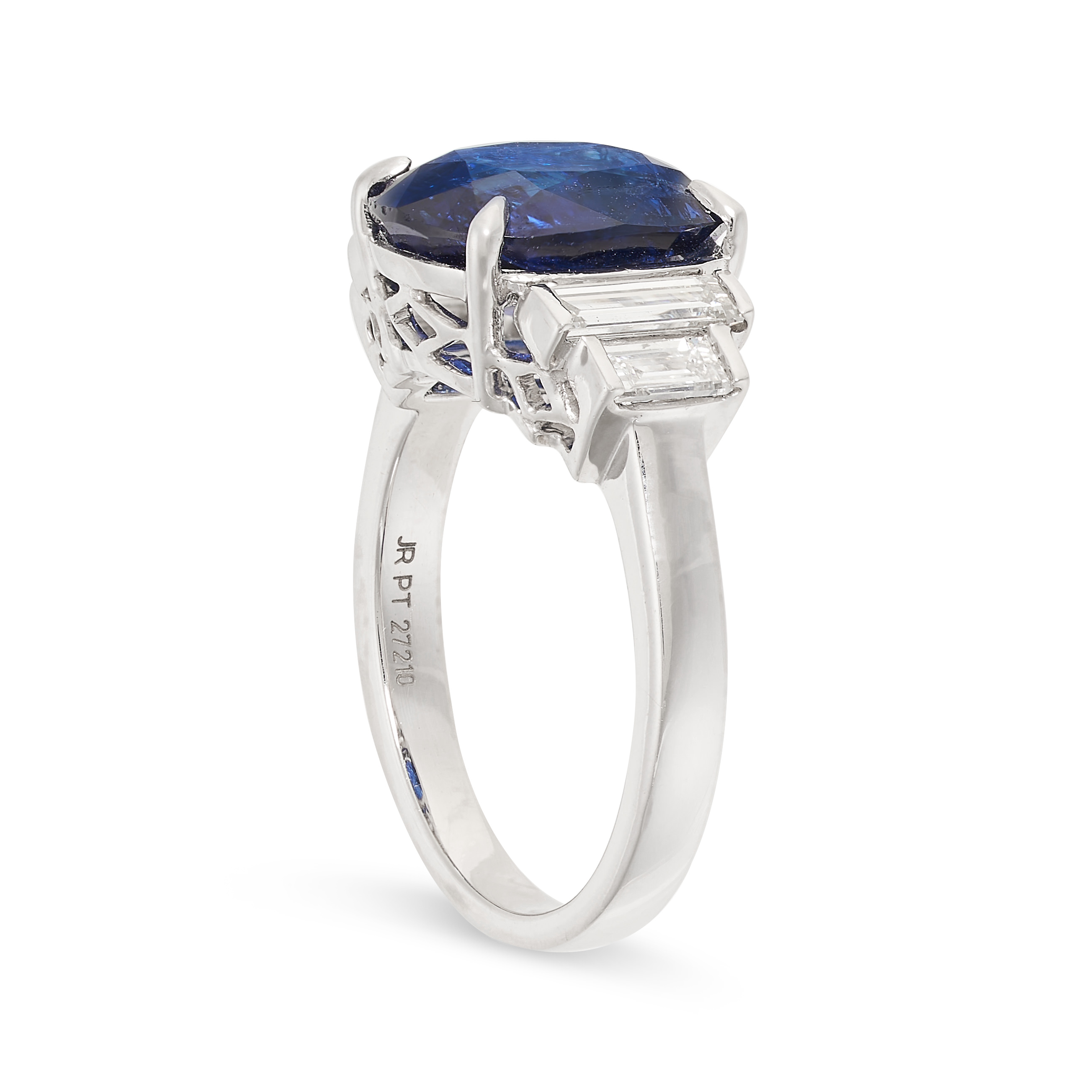A BURMA NO HEAT SAPPHIRE AND DIAMOND DRESS RING in platinum, set with a cushion cut sapphire of 5.05 - Image 2 of 2