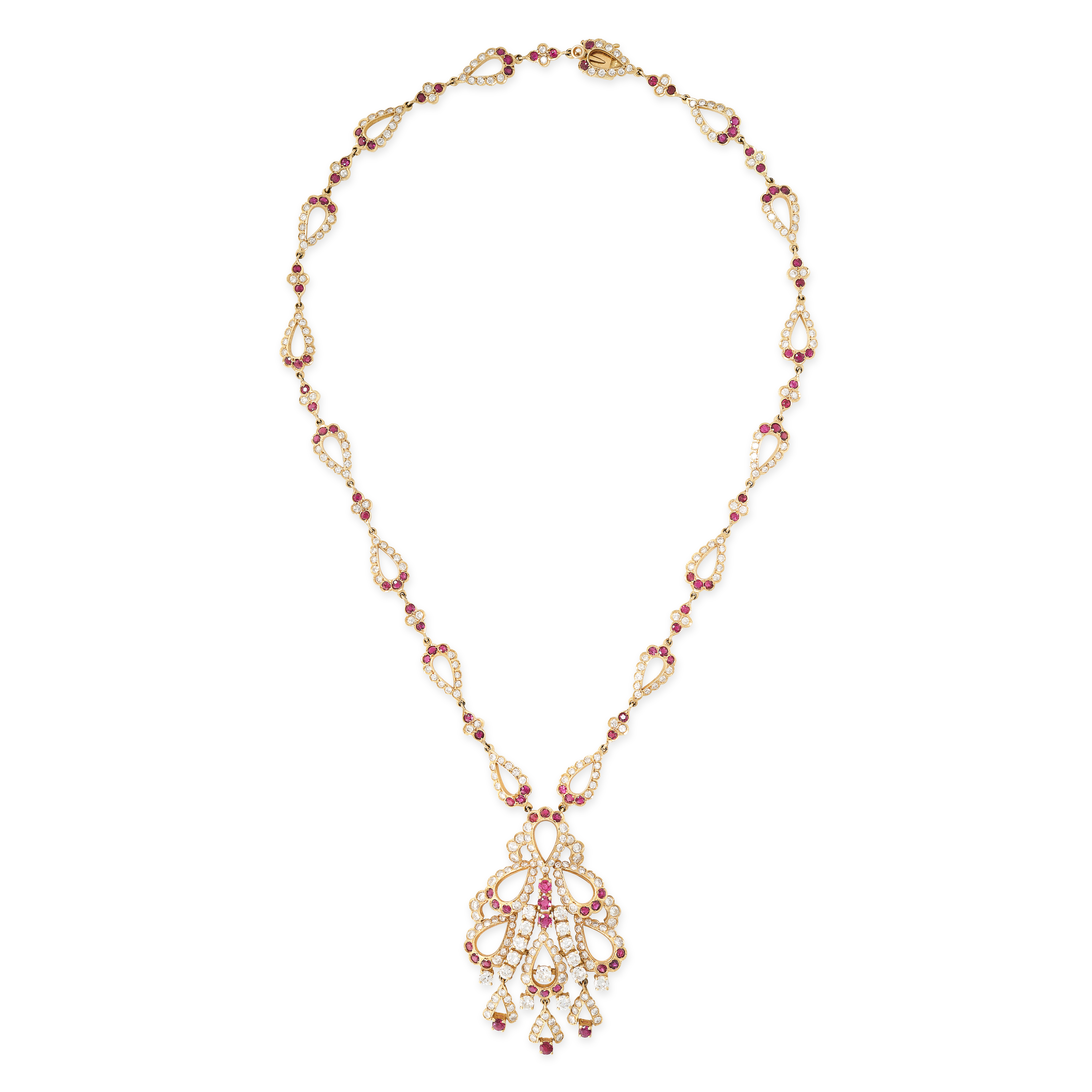 A RUBY AND DIAMOND NECKLACE in 18ct yellow gold, comprising a row of alternating quatrefoil and tear