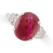 AN UNHEATED RUBY AND DIAMOND RING set with a cabochon ruby of 5.53 carats, accented by round cut