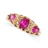 AN ANTIQUE SYNTHETIC RUBY AND DIAMOND RING, EARLY 20TH CENTURY set with one oval and two circular-