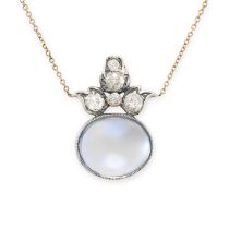 A MOONSTONE AND DIAMOND PENDANT NECKLACE in silver and 18ct yellow gold, Set with a cabochon