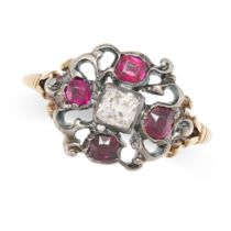 AN ANTIQUE DIAMOND AND RUBY RING in yellow gold and silver, set with an old cut diamond in a