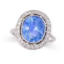 A CEYLON NO HEAT SAPPHIRE AND DIAMOND RING set with a cushion cut blue sapphire of 6.12 carats,