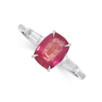 A BURMA NO HEAT RUBY AND DIAMOND RING in 18ct white gold, claw set with a cushion cut ruby of 1.37