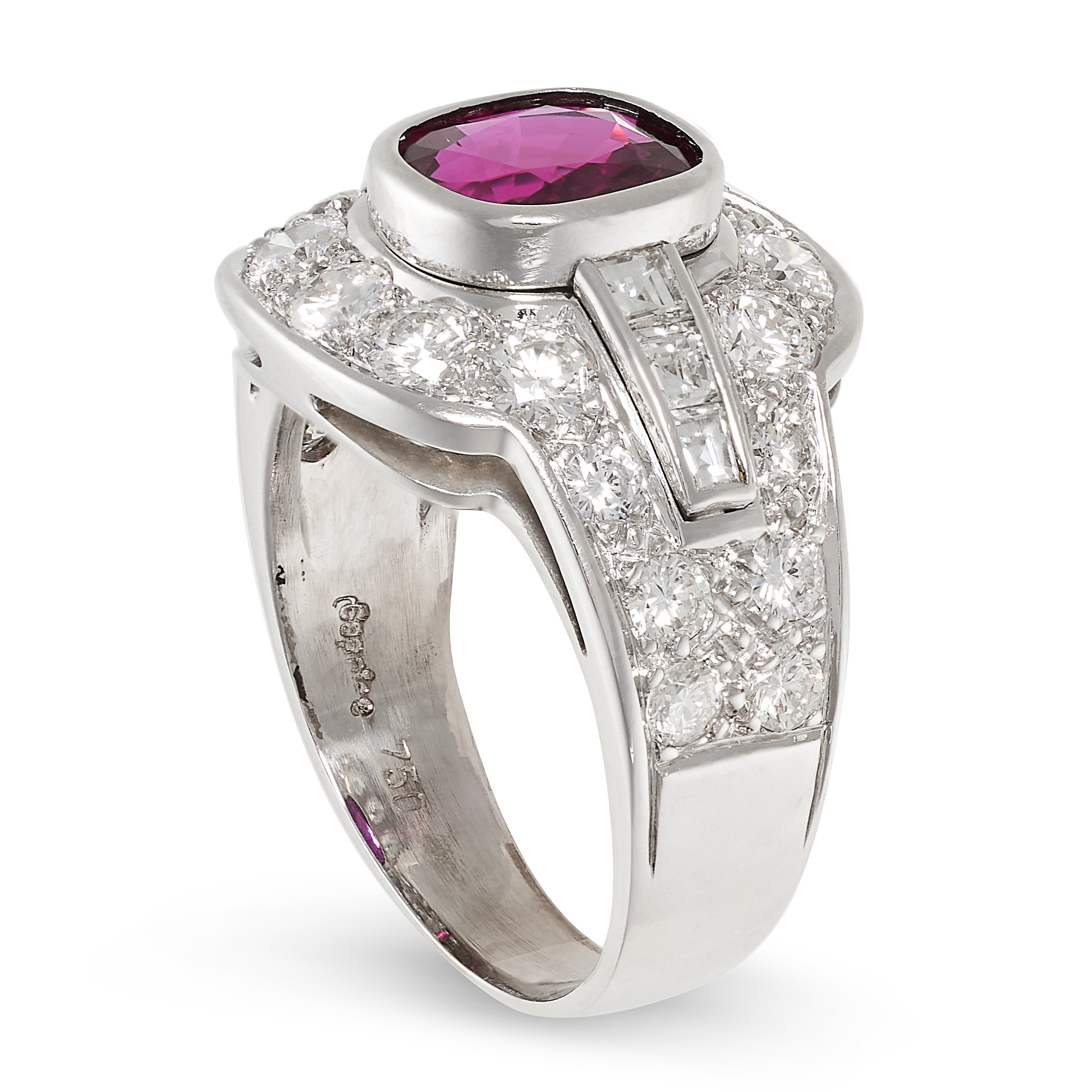 AN UNHEATED RUBY AND DIAMOND RING in 18ct white gold, set with a cushion cut ruby of 1.87 carats, - Image 2 of 2