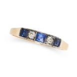 AN ART DECO SAPPHIRE AND DIAMOND DRESS RING in 18ct yellow gold and platinum, set with a trio of