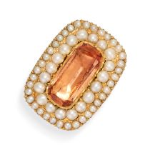 AN ANTIQUE IMPERIAL TOPAZ AND PEARL RING, 19TH CENTURY AND LATER in yellow gold, set with a