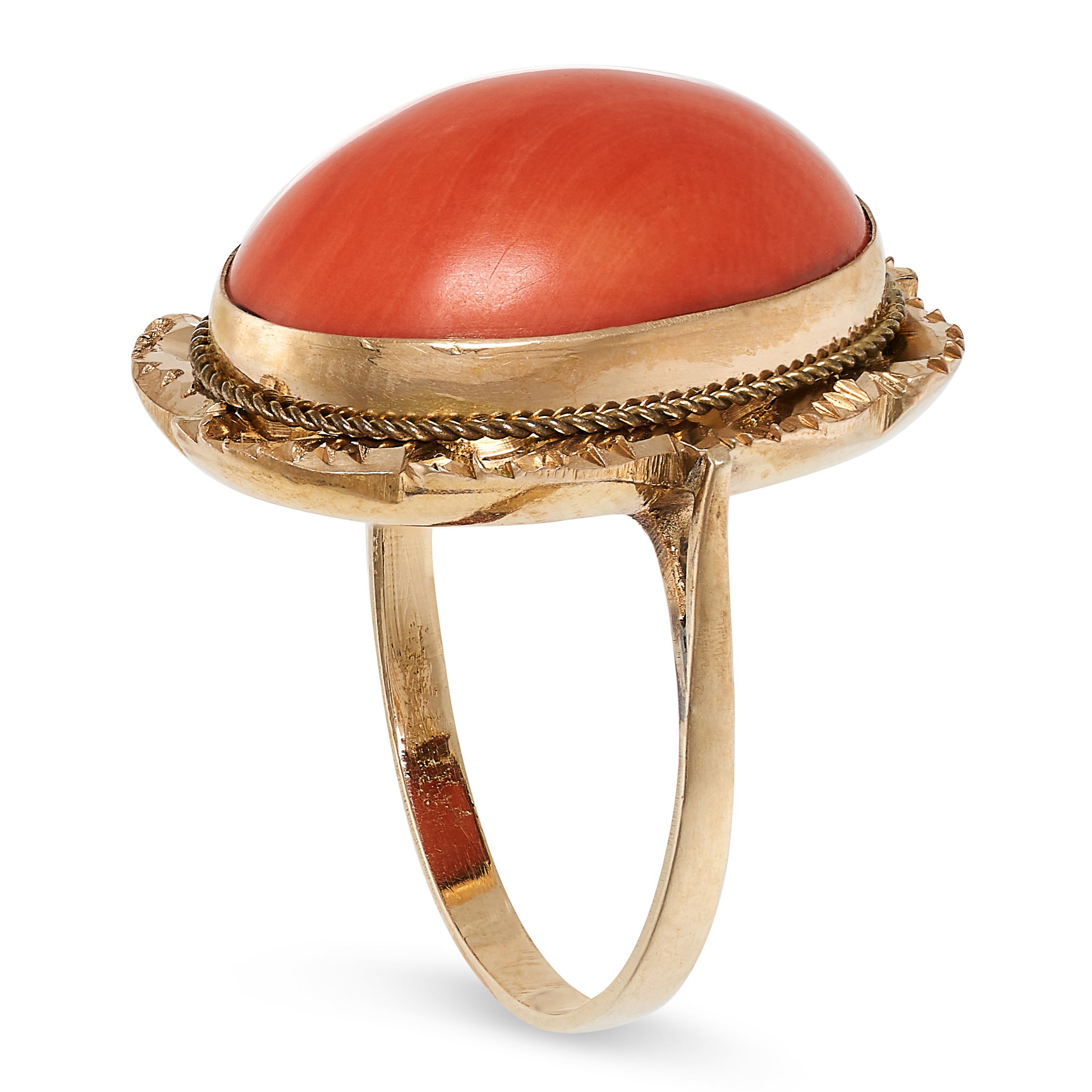 A VINTAGE CORAL RING in yellow gold, set with a cabochon coral, no assay marks, size M / 6, 4.8g. - Image 2 of 2