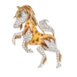 A DIAMOND, EMERALD AND ENAMEL HORSE BROOCH in yellow gold and white gold, designed as a horse, the