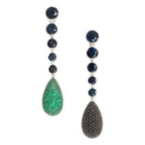 GAVELLO, A PAIR SAPPHIRE AND EMERALD EARRINGS each set with a graduated row of round cut black
